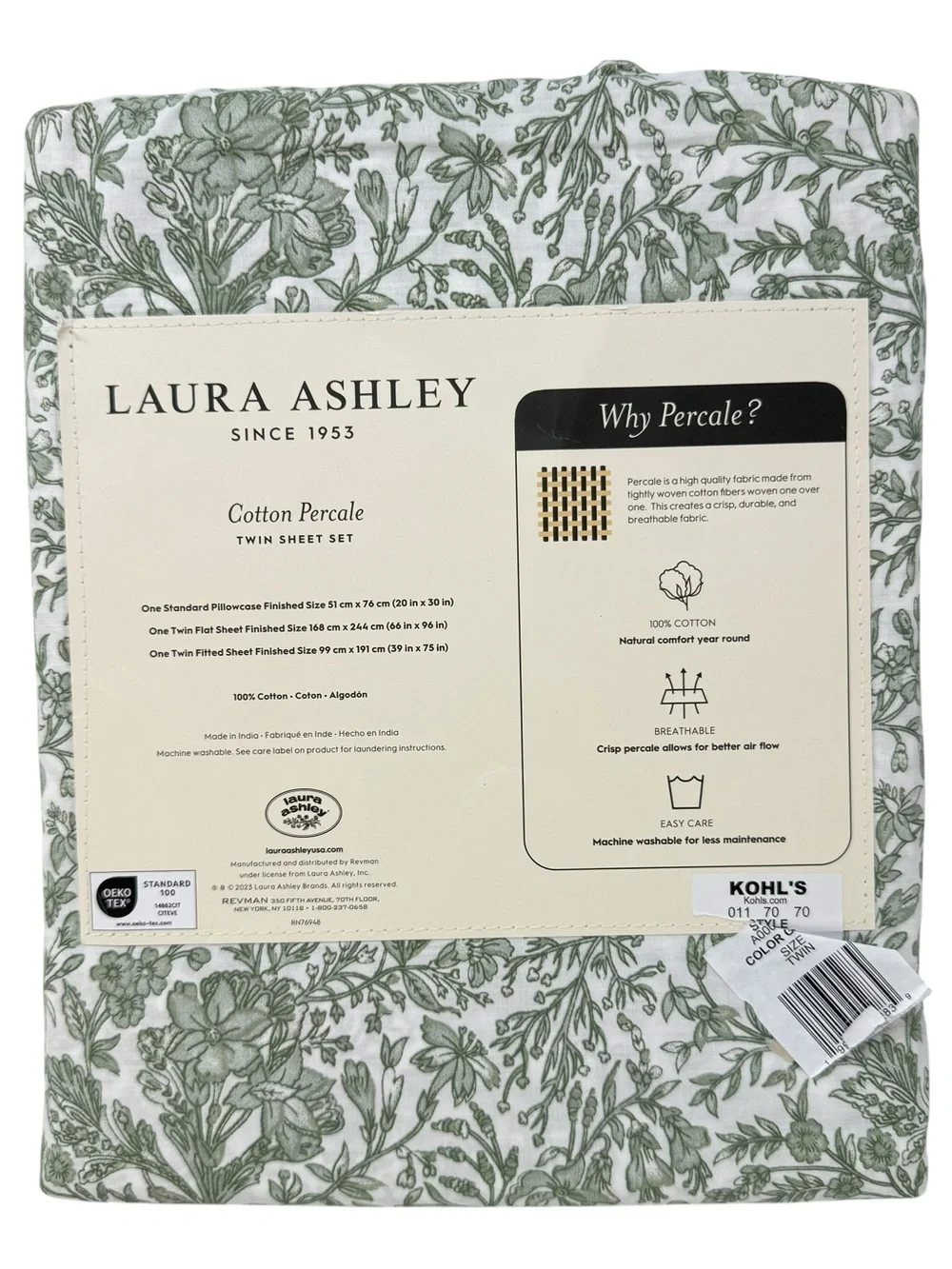 Laura Ashley Twin Size Sheet Set Bella Floral green white NWT